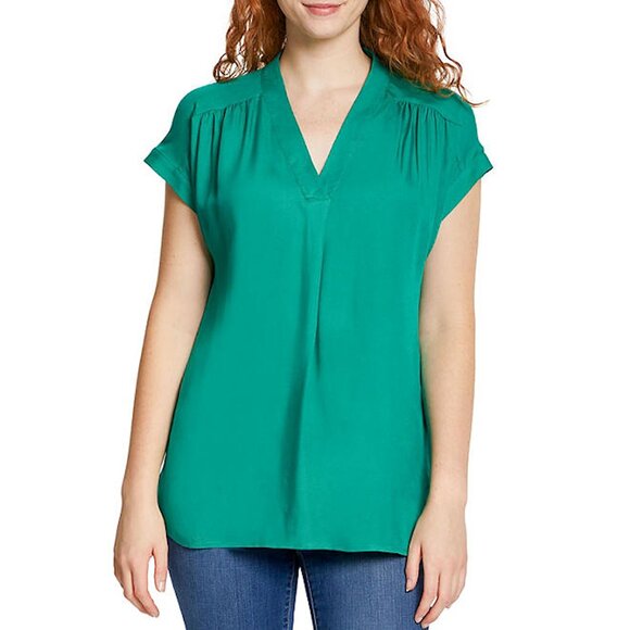 Nine West Women's Lightweight Relaxed Fit Woven Popover V-Neck Top Green - Picture 1 of 2